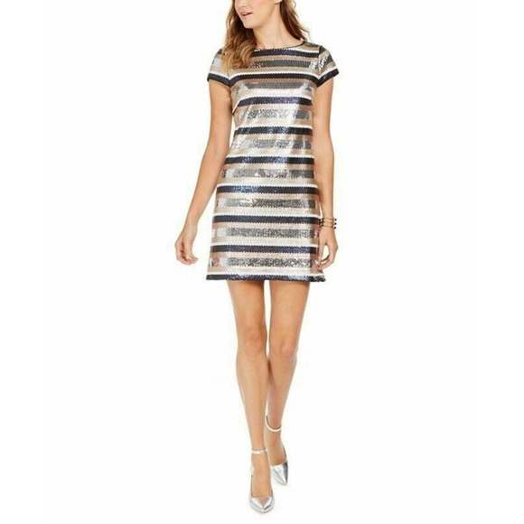 Vince Camuto Dresses & Skirts - Vince Camuto Womens Sequin Sheath Dress Multicolor Short Sleeve Striped 4 New